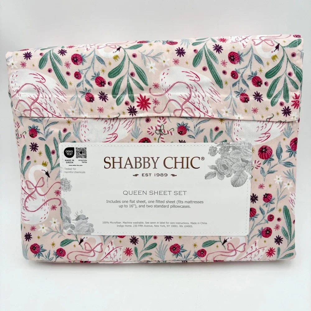 Shabby Chic Swan Floral Queen Sheet Set New in Package Blush Pink‎ Green